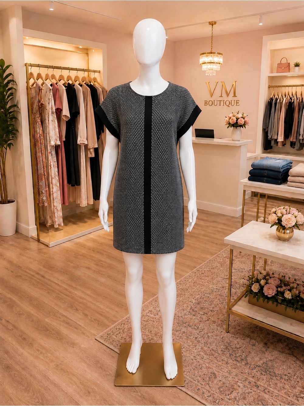 H&M Gray Mini Shift Dress with Black Center Stripe